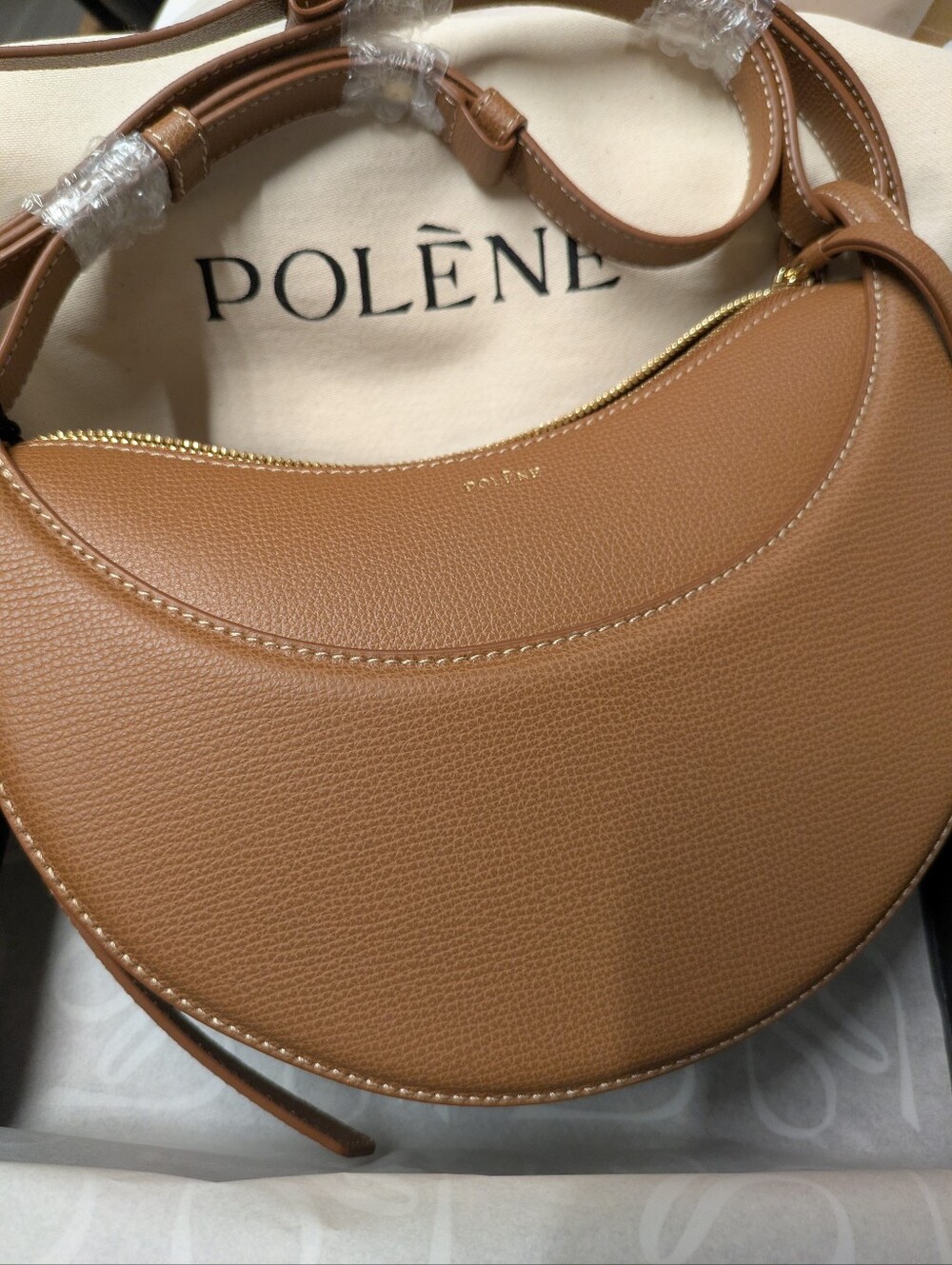 Polene Numero Dix Tan Leather Crescent Shoulder Bag
